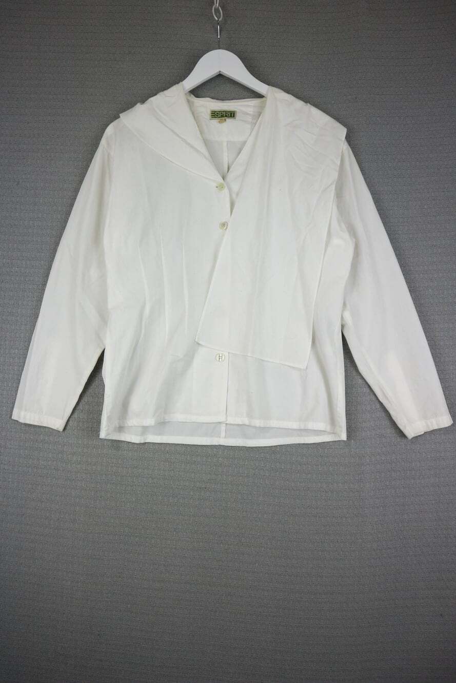 Vintage ESPRIT 80s 90s White Sailor Collar Button Down Blouse Long Sleeve Size M